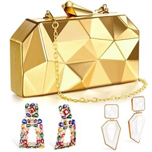 Women's Lattice Pattern Metal Handbag Gold Geometric Evening Clutch Rhinestone Rectangle Dangle Earrings Colorful Crystal Geometric Statement Earrings