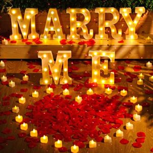 hortsun marry me light up letters wedding proposal decorations will you marry me i love u sign rose petals 24 led love candles romantic night light for proposal engagement outdoor (red)