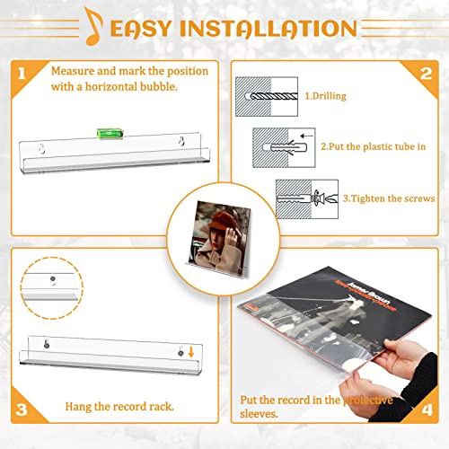 6 Pack Vinyl Record Display Shelf with Record Outer Sleeves, LASZOLA 3 Size Acrylic Record Wall Mount Holder Display Rack Clear Floating Shelves with Album Protector Sleeves - 7inch, 12inch, 15inch