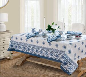 newbridge mykonos blue mediterranean tile bordered fabric tablecloth – blue medallion print indoor/outdoor, stain resistant, no-iron tablecloth, 52 inch x 70 inch oblong/rectangle