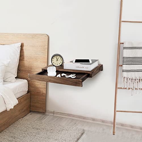 YICOCHI Floating Shelf with Drawer, Rustic Floating Nightstand Wall Mount, Wood Farmhouse Bedside Wall Shelf for Bedroom