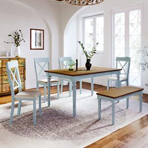 harper & bright designs 6 pieces dining table set, kitchen table set with wood dining table, bench and 4 padded dining chairs, walnut top+ light blue frame+beige seat