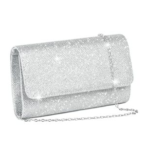 osdue evening bag clutch purses for women, glitter evening bag, sparkling envelope evening bag with detachable chain, for prom, wedding, party, banquet, date (silver)