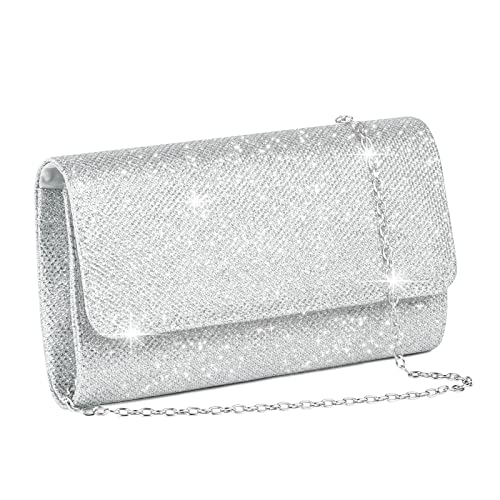 OSDUE Evening Bag Clutch Purses for Women, Glitter Evening Bag, Sparkling Envelope Evening Bag with Detachable Chain, for Prom, Wedding, Party, Banquet, Date (Silver)