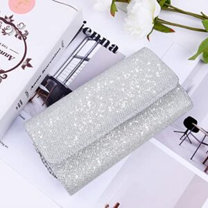 OSDUE Evening Bag Clutch Purses for Women, Glitter Evening Bag, Sparkling Envelope Evening Bag with Detachable Chain, for Prom, Wedding, Party, Banquet, Date (Silver)