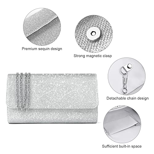 OSDUE Evening Bag Clutch Purses for Women, Glitter Evening Bag, Sparkling Envelope Evening Bag with Detachable Chain, for Prom, Wedding, Party, Banquet, Date (Silver)