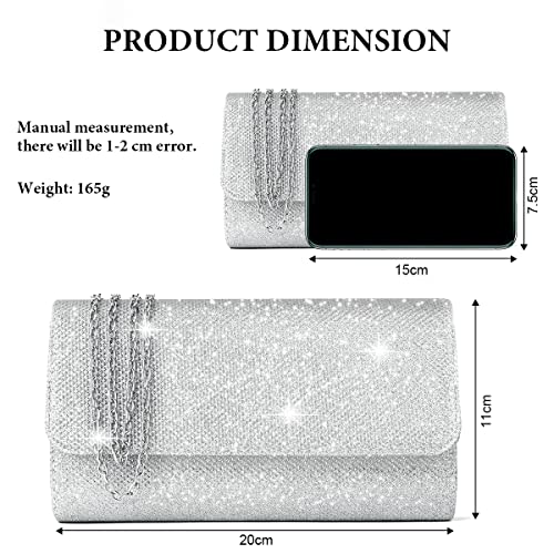 OSDUE Evening Bag Clutch Purses for Women, Glitter Evening Bag, Sparkling Envelope Evening Bag with Detachable Chain, for Prom, Wedding, Party, Banquet, Date (Silver)