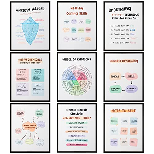 Andi Cppss 9PCS Mental Health Posters for Wall Art, Emotional Counseling Wall Decor, Therapy Counseling Positive Encouragement Wall Art, CBT Therapy Wall Decor for Office, Anxiety Treatment Posters