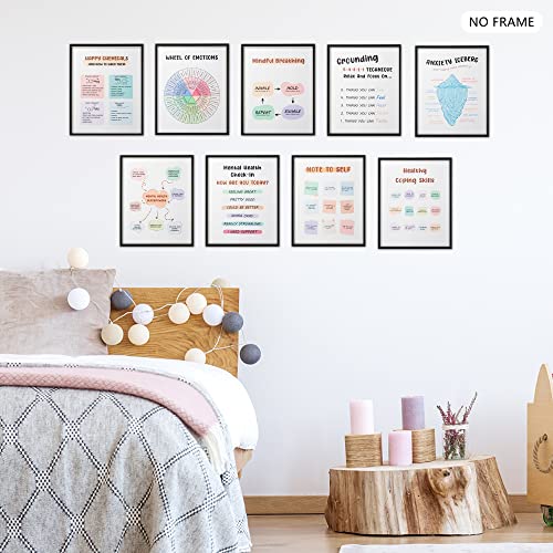 Andi Cppss 9PCS Mental Health Posters for Wall Art, Emotional Counseling Wall Decor, Therapy Counseling Positive Encouragement Wall Art, CBT Therapy Wall Decor for Office, Anxiety Treatment Posters