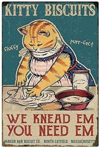 kitty biscuits we knead em you need em vintage metal tin sign fluffy cute cat iron painting retro signs for home coffee kitchen outdoor wall decor 8×12 inch