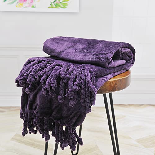 BYTIDE Throw Blankets Couch Cover Flannel Fleece Throw with Braided Rope Fringe Tassels, Plush Cozy Warm Soft Smooth Throw for Couch Sofa Bed Chair Home Décor, 50" x 60", Dark Purple