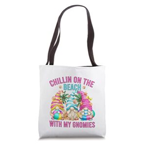 chillin with my gnomies for beach girls funny white summer tote bag