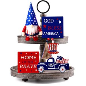 5 pcs independence day 4th of july tiered tray decor patriotic gnomes plush mini wood sign wooden stars and stripes bead memorial day decorations