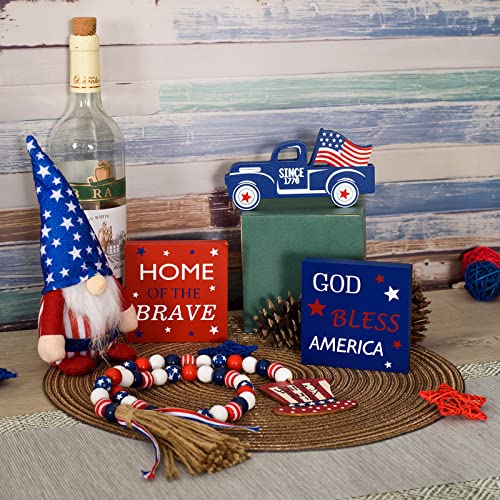 5 Pcs Independence Day 4th of July Tiered Tray Decor Patriotic Gnomes Plush Mini Wood Sign Wooden Stars and Stripes Bead Memorial Day Decorations