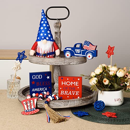 5 Pcs Independence Day 4th of July Tiered Tray Decor Patriotic Gnomes Plush Mini Wood Sign Wooden Stars and Stripes Bead Memorial Day Decorations