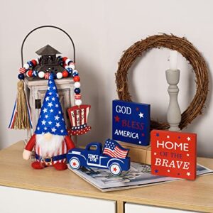 5 Pcs Independence Day 4th of July Tiered Tray Decor Patriotic Gnomes Plush Mini Wood Sign Wooden Stars and Stripes Bead Memorial Day Decorations