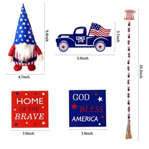 5 Pcs Independence Day 4th of July Tiered Tray Decor Patriotic Gnomes Plush Mini Wood Sign Wooden Stars and Stripes Bead Memorial Day Decorations