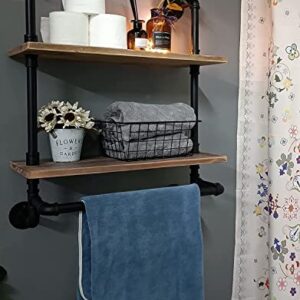 HDDFER Industrial Pipe Shelving Bathroom Shelves with Towel Bar Rustic Floating Pipe Wall Shelves with Wood Planks, 20 Inch Farmhouse Bathroom Shelves Over Toilet Wall Mounted