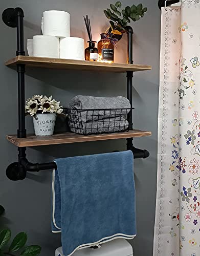 HDDFER Industrial Pipe Shelving Bathroom Shelves with Towel Bar Rustic Floating Pipe Wall Shelves with Wood Planks, 20 Inch Farmhouse Bathroom Shelves Over Toilet Wall Mounted