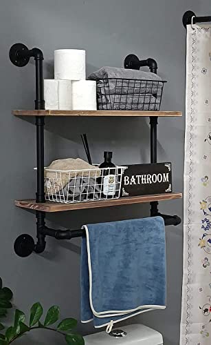 HDDFER Industrial Pipe Shelving Bathroom Shelves with Towel Bar Rustic Floating Pipe Wall Shelves with Wood Planks, 20 Inch Farmhouse Bathroom Shelves Over Toilet Wall Mounted