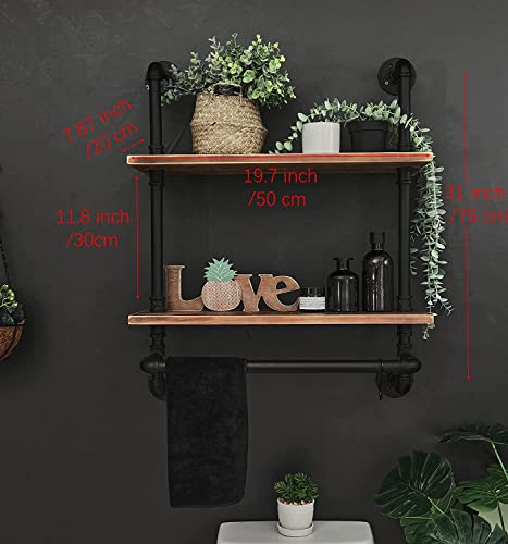 HDDFER Industrial Pipe Shelving Bathroom Shelves with Towel Bar Rustic Floating Pipe Wall Shelves with Wood Planks, 20 Inch Farmhouse Bathroom Shelves Over Toilet Wall Mounted