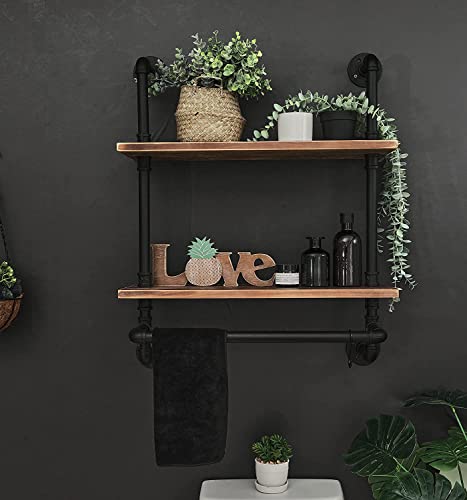 HDDFER Industrial Pipe Shelving Bathroom Shelves with Towel Bar Rustic Floating Pipe Wall Shelves with Wood Planks, 20 Inch Farmhouse Bathroom Shelves Over Toilet Wall Mounted