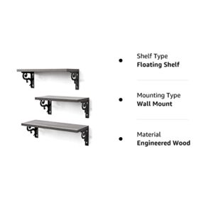 AMADA HOMEFURNISHING Floating Shelves, Grey Wall Shelves for Bedroom, Bathroom, Kitchen, Living Room, Shelves for Wall Decor Set of 3, Waterproof - AMFS21