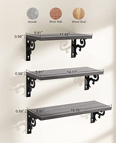 AMADA HOMEFURNISHING Floating Shelves, Grey Wall Shelves for Bedroom, Bathroom, Kitchen, Living Room, Shelves for Wall Decor Set of 3, Waterproof - AMFS21