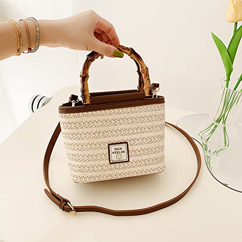 Women Beach Bag Straw Woven Shoulder Bag Tote Bag Crossbody Bucket Handbags Summer Handmade Hobo Purse Bamboo Handle ，Perfect for everyday beach trips