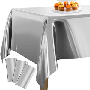 partywoo silver foil tablecloth, 3 pack 54 x 108 inch rectangle tablecloth, foil tablecloth for 6 to 8 foot table, metallic table cover, waterproof table cloth for birthday, wedding, party