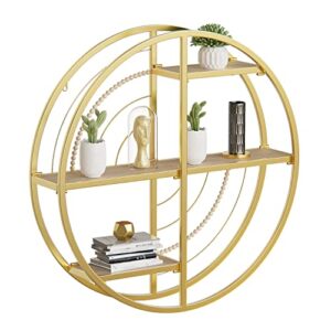 floating shelves for wall,round metal wall mount display organizer holder circle rustic retro decorative wood shelves wall mounted for living room bathroom bedroom kitchen office (gold&beads, xxl)