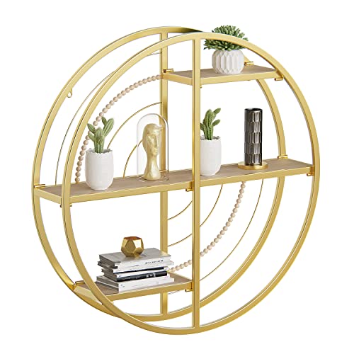 Floating Shelves for Wall,Round Metal Wall Mount Display Organizer Holder Circle Rustic Retro Decorative Wood Shelves Wall Mounted for Living Room Bathroom Bedroom Kitchen Office (Gold&Beads, XXL)