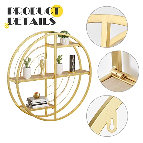 Floating Shelves for Wall,Round Metal Wall Mount Display Organizer Holder Circle Rustic Retro Decorative Wood Shelves Wall Mounted for Living Room Bathroom Bedroom Kitchen Office (Gold&Beads, XXL)