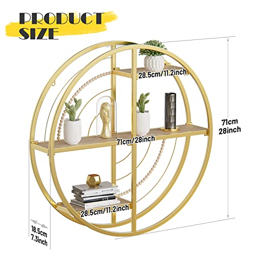 Floating Shelves for Wall,Round Metal Wall Mount Display Organizer Holder Circle Rustic Retro Decorative Wood Shelves Wall Mounted for Living Room Bathroom Bedroom Kitchen Office (Gold&Beads, XXL)