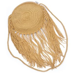 straw beach bag purse tassel fringe macrame boho hippie design, for women summer party, evening nights out, crossbody shoulder (20cm round, light brown)
