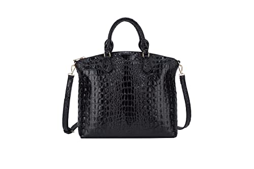 Satchel Bag Women’s Vegan Leather Crocodile-Embossed Pattern With Top Handle Large Shoulder Bags Tote Handbags (Black)