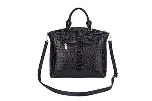 Satchel Bag Women’s Vegan Leather Crocodile-Embossed Pattern With Top Handle Large Shoulder Bags Tote Handbags (Black)