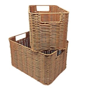 kovot storage woven baskets wicker storage | set of 2 poly-wicker storage baskets with built-in carry handles | laundry storage pantry baskets woven polypropylene | 12″l x 8″w x 7″h & 11″l x 7″w x 7″h
