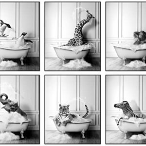 Funny Bathroom Decor Wall Art – Unframed Set of 6 (8 x 10 Inch) – Bathroom Wall Decor, Black and White Bathroom Decor, Kids Bathroom Decor, Animal Giraffe Penguin Elephant Bathroom Pictures for Wall Decor by LIYA Design Prints