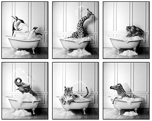 Funny Bathroom Decor Wall Art – Unframed Set of 6 (8 x 10 Inch) – Bathroom Wall Decor, Black and White Bathroom Decor, Kids Bathroom Decor, Animal Giraffe Penguin Elephant Bathroom Pictures for Wall Decor by LIYA Design Prints