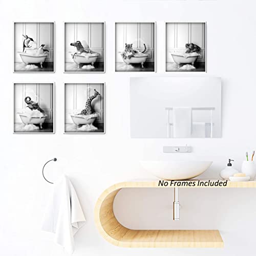 Funny Bathroom Decor Wall Art – Unframed Set of 6 (8 x 10 Inch) – Bathroom Wall Decor, Black and White Bathroom Decor, Kids Bathroom Decor, Animal Giraffe Penguin Elephant Bathroom Pictures for Wall Decor by LIYA Design Prints