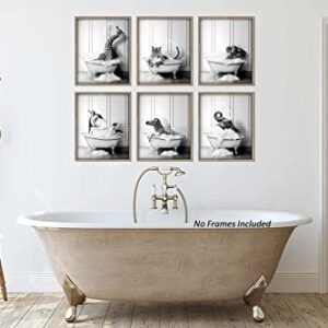 Funny Bathroom Decor Wall Art – Unframed Set of 6 (8 x 10 Inch) – Bathroom Wall Decor, Black and White Bathroom Decor, Kids Bathroom Decor, Animal Giraffe Penguin Elephant Bathroom Pictures for Wall Decor by LIYA Design Prints