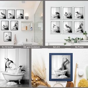 Funny Bathroom Decor Wall Art – Unframed Set of 6 (8 x 10 Inch) – Bathroom Wall Decor, Black and White Bathroom Decor, Kids Bathroom Decor, Animal Giraffe Penguin Elephant Bathroom Pictures for Wall Decor by LIYA Design Prints