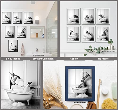 Funny Bathroom Decor Wall Art – Unframed Set of 6 (8 x 10 Inch) – Bathroom Wall Decor, Black and White Bathroom Decor, Kids Bathroom Decor, Animal Giraffe Penguin Elephant Bathroom Pictures for Wall Decor by LIYA Design Prints