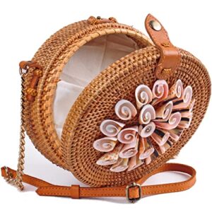 outlavish rattan round woven straw purse bag, seashells trendy 2022, crossbody shoulder + adjustable strap for women, summer beach (20cm round, brown)