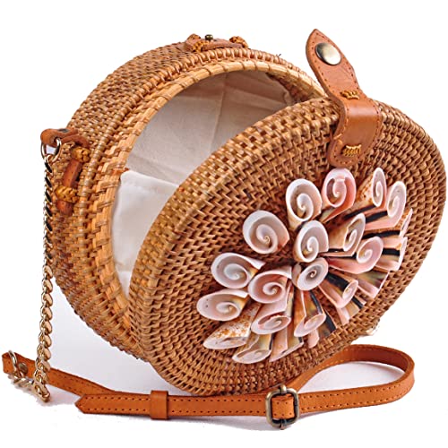 Outlavish Rattan Round Woven Straw Purse Bag, Seashells Trendy 2022, Crossbody Shoulder + Adjustable Strap For Women, Summer Beach (20cm Round, Brown)