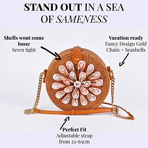 Outlavish Rattan Round Woven Straw Purse Bag, Seashells Trendy 2022, Crossbody Shoulder + Adjustable Strap For Women, Summer Beach (20cm Round, Brown)