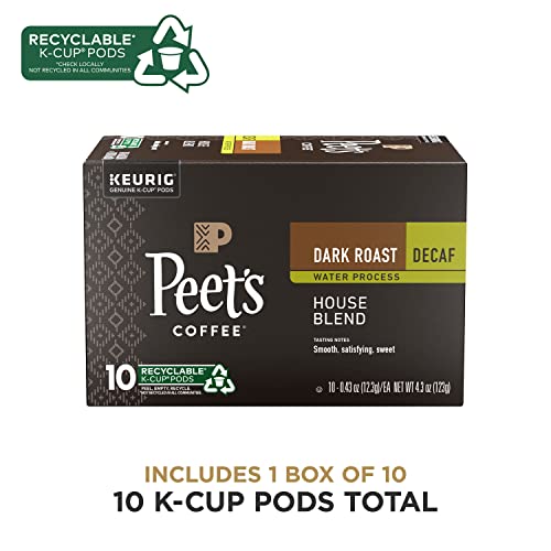 Peet's Coffee, Dark Roast Decaffeinated Coffee K-Cup Pods for Keurig Brewers - Decaf House Blend 10 Count (1 Box of 10 K-Cup Pods) Packaging May Vary
