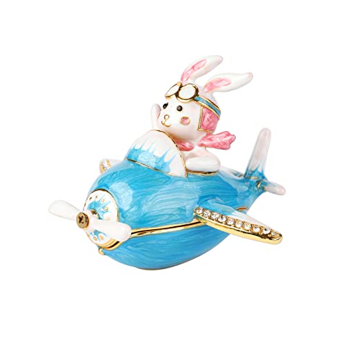 Furuida Airplane and Captain Rabbit Trinket Boxes Hinged Enamel Hand-Painted Animals Ornaments Unique Gift for Home Decor