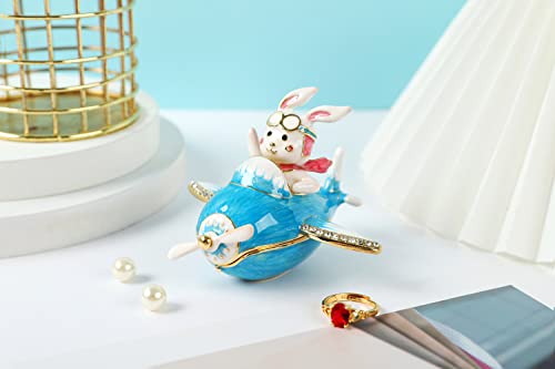 Furuida Airplane and Captain Rabbit Trinket Boxes Hinged Enamel Hand-Painted Animals Ornaments Unique Gift for Home Decor